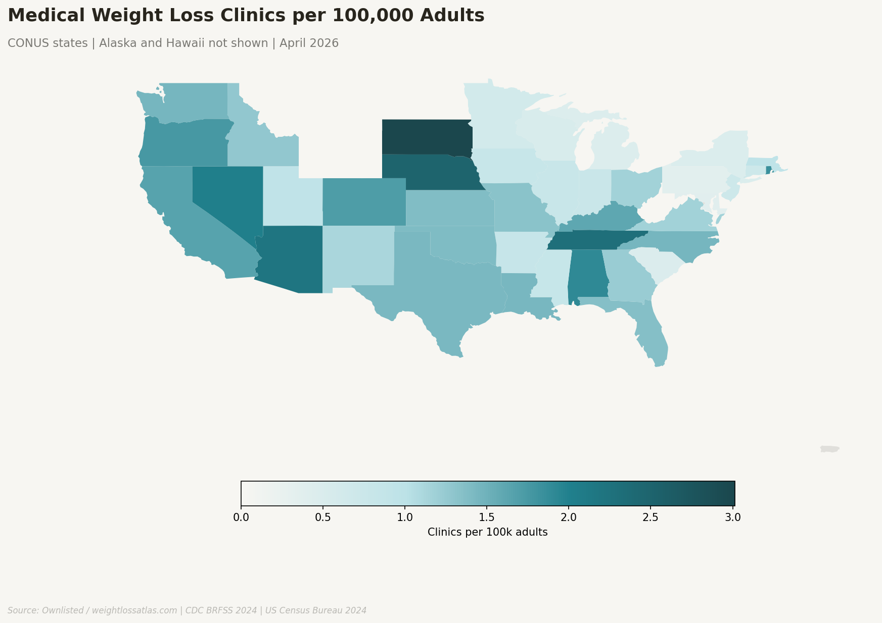 US choropleth map showing medical weight loss clinics per 100,000 adults by state, with Washington D.C., South Dakota, and Tennessee showing the highest per-capita density.